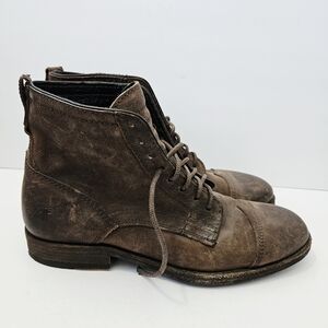 Frye Lace Up Toe Cap Boots Size 9 D Brown Leather Mens EUC